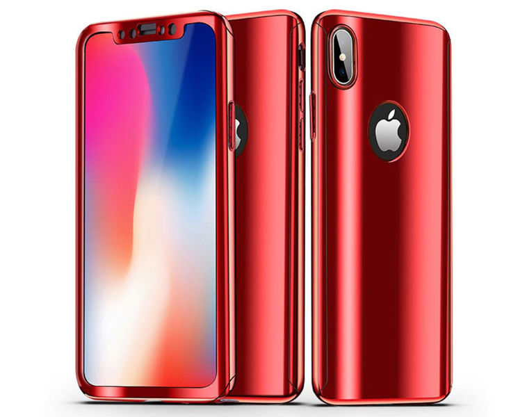Etui voero 360 Apple iPhone X Xs błyszczące czerwone + Szkło - Czerwony